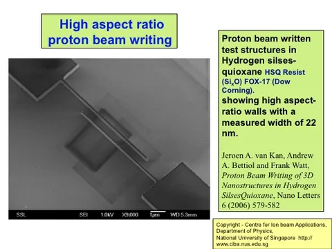High aspect ratio test structures in HSQ resist, with walls 22 nm wide