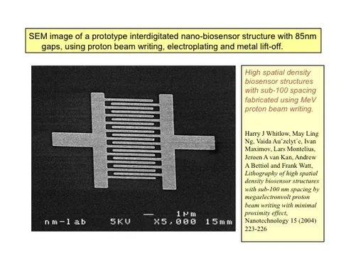 Prototype interdigitated nano-biosensor with 85 nm gaps