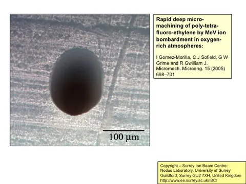 Rapid deep micromachining of PTFE by MeV ion bombardment in oxygen-rich atmospheres