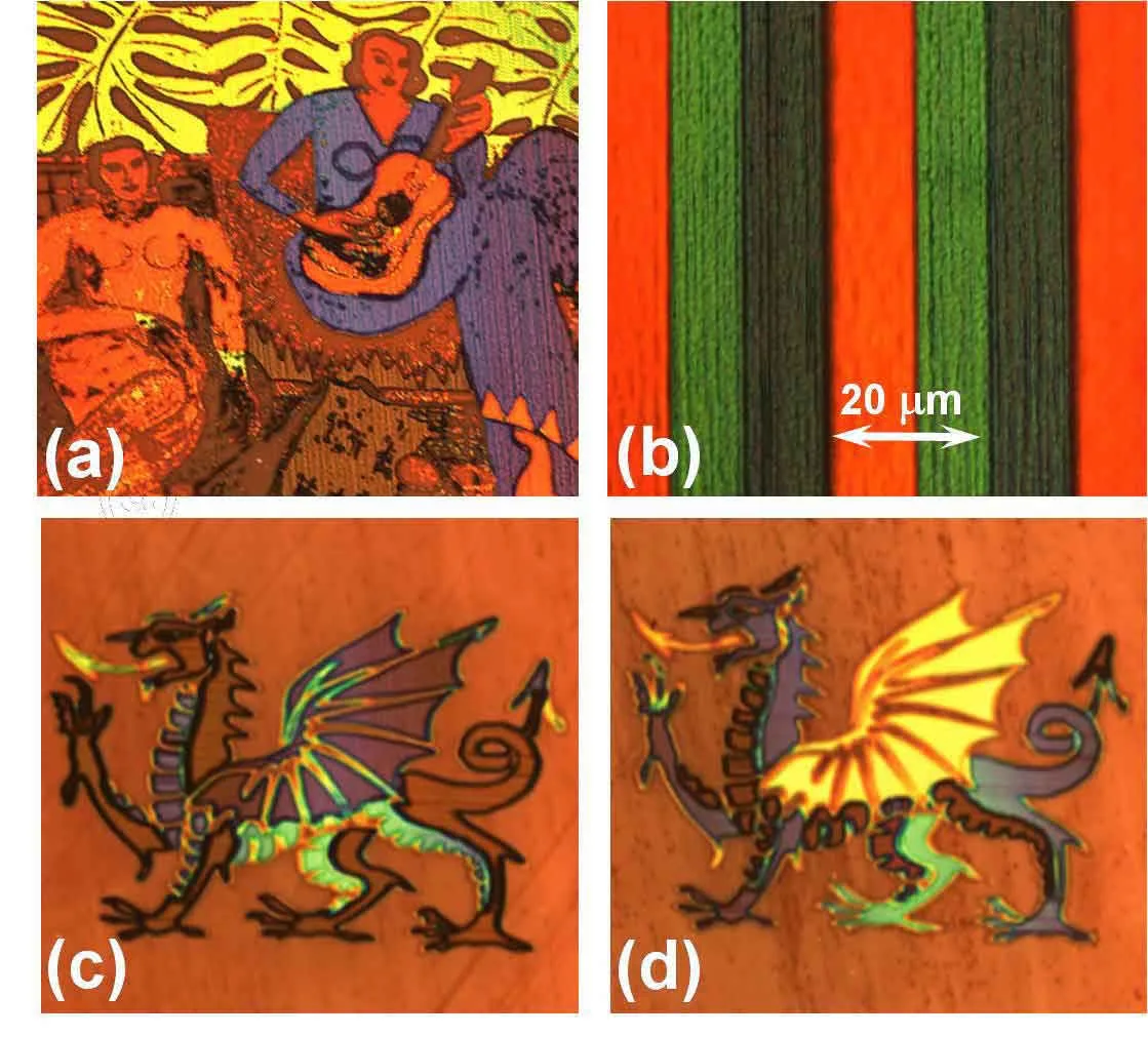 Optical reflection images: Matisse's La Musique in porous silicon, red-green-blue stripes, and two dragons in different reflected colours.
